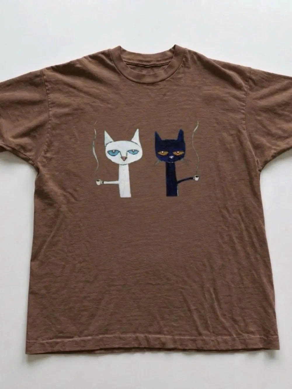 Brown Cat Graphic T-Shirt with White and Navy Cats -